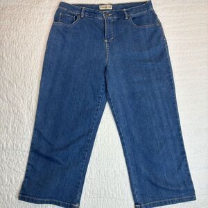 Emily B‎ medium wash denim crop jeans Sz 10 wide leg mid-rise capsule minimalist